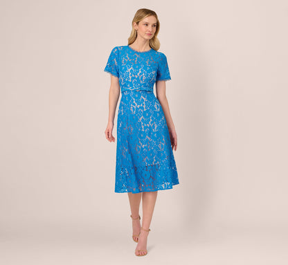 Short Sleeve Belted Lace Midi Dress In Blue Wave