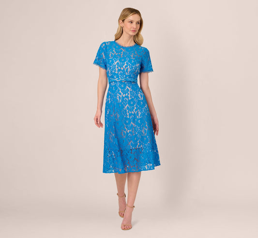 Short Sleeve Belted Lace Midi Dress In Blue Wave