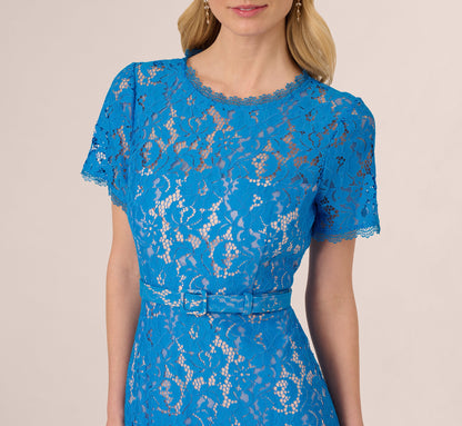 Short Sleeve Belted Lace Midi Dress In Blue Wave