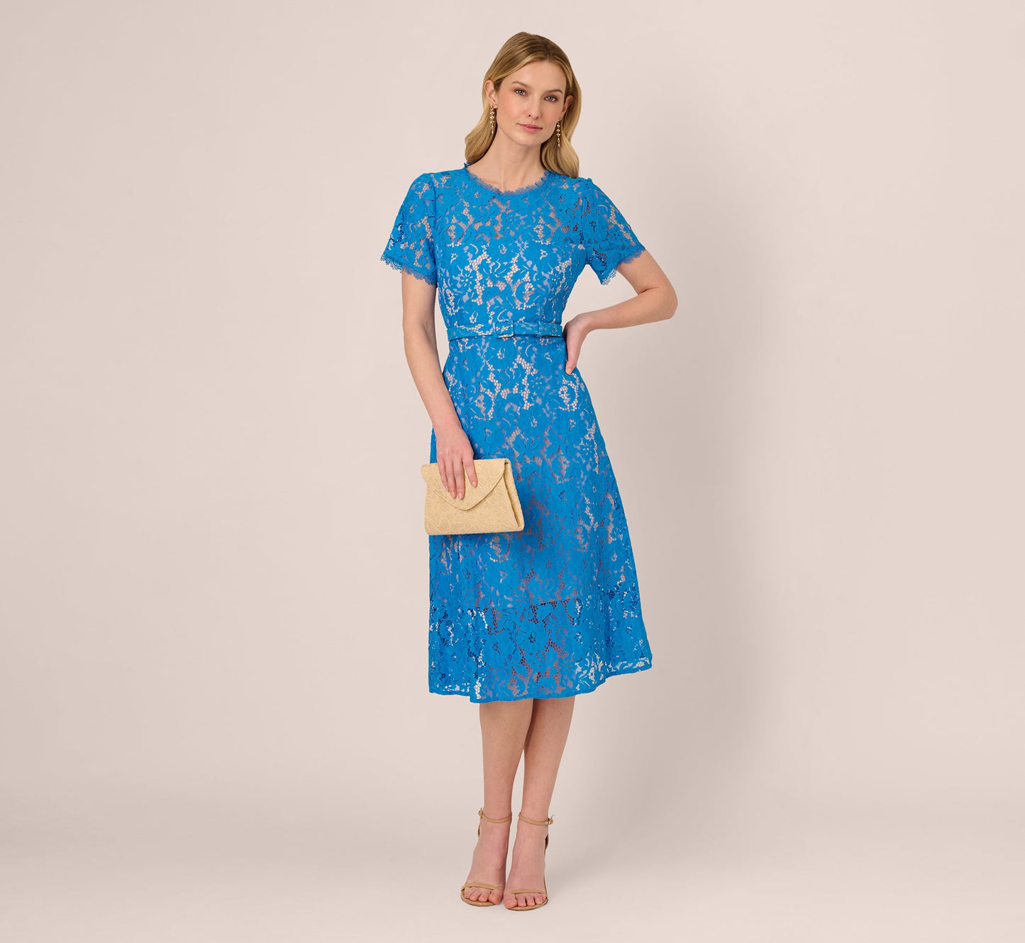 Short Sleeve Belted Lace Midi Dress In Blue Wave