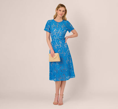 Short Sleeve Belted Lace Midi Dress In Blue Wave
