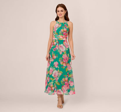 Floral Chiffon Halter Midi Dress In Green Multi