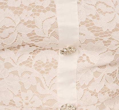 Cap Sleeve Rhinestone Button Lace Short Dress In Ivory