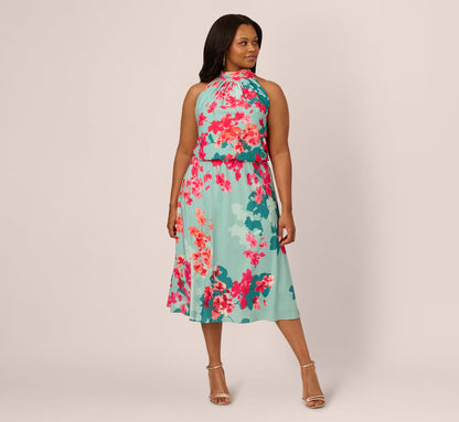 Plus Size Floral Chiffon Midi Halter Dress In Turquoise Multi