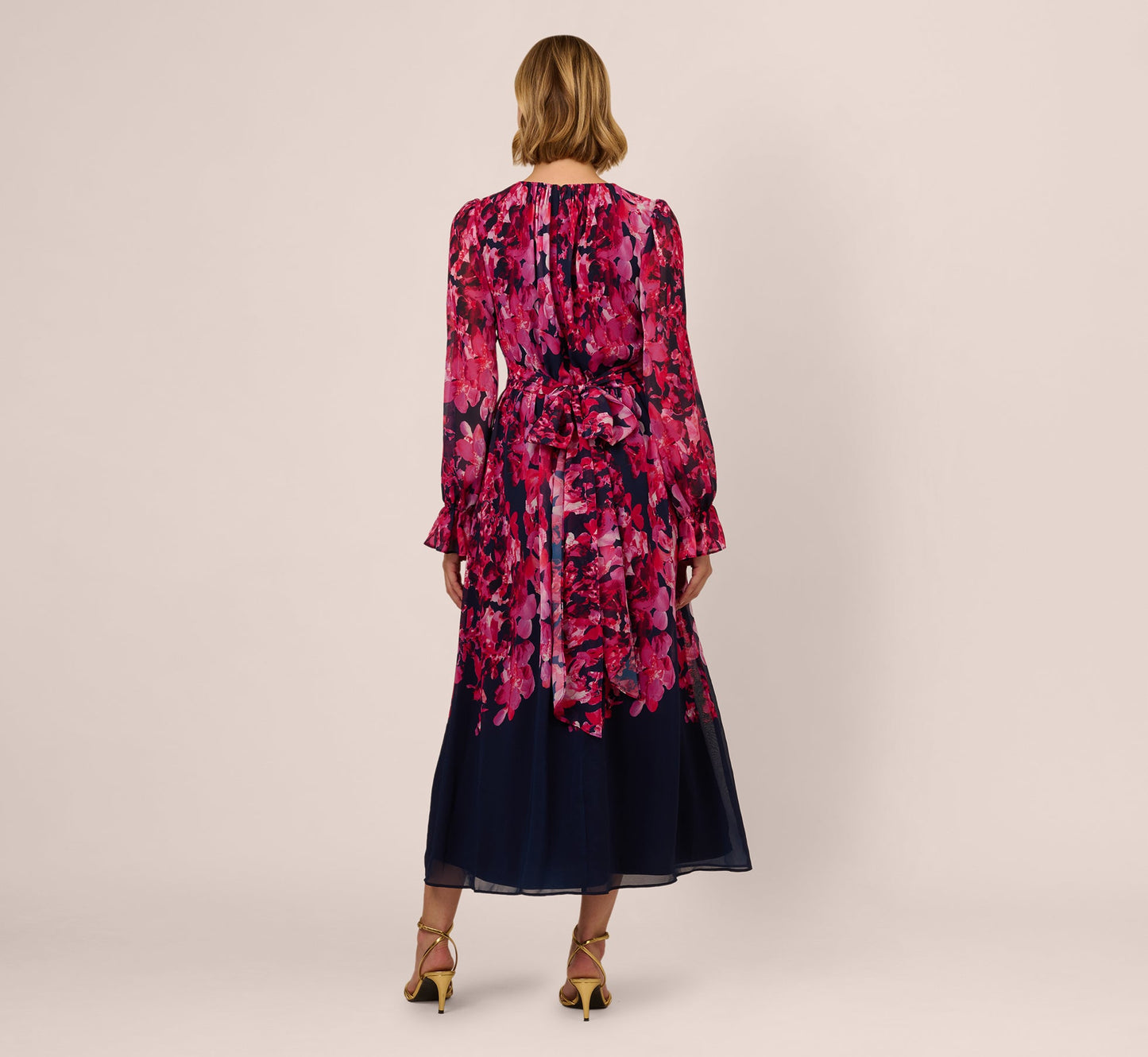 Floral Wrap Waist Ankle Dress In Navy Pink Multi