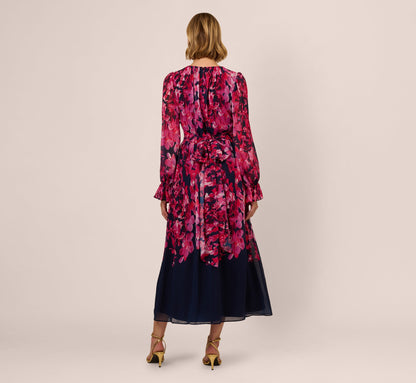 Floral Wrap Waist Ankle Dress In Navy Pink Multi