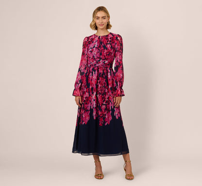 Floral Wrap Waist Ankle Dress In Navy Pink Multi