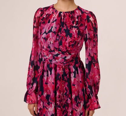 Floral Wrap Waist Ankle Dress In Navy Pink Multi