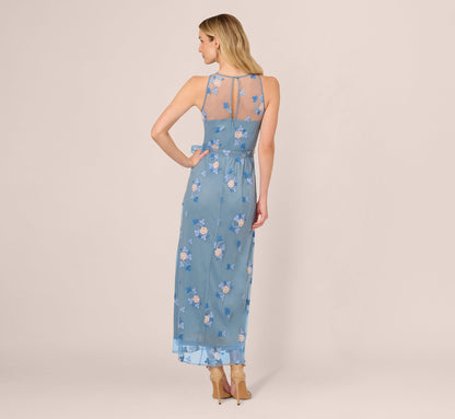 Sleeveless Illusion Embroidered Maxi Dress In French Blue Multi