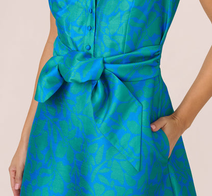 Sleeveless Printed Tie Front Short Dress In Blue Green
