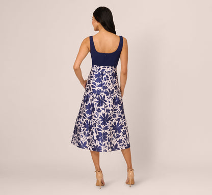 Sleeveless Floral Combo Flounce Dress In Navy Ivory