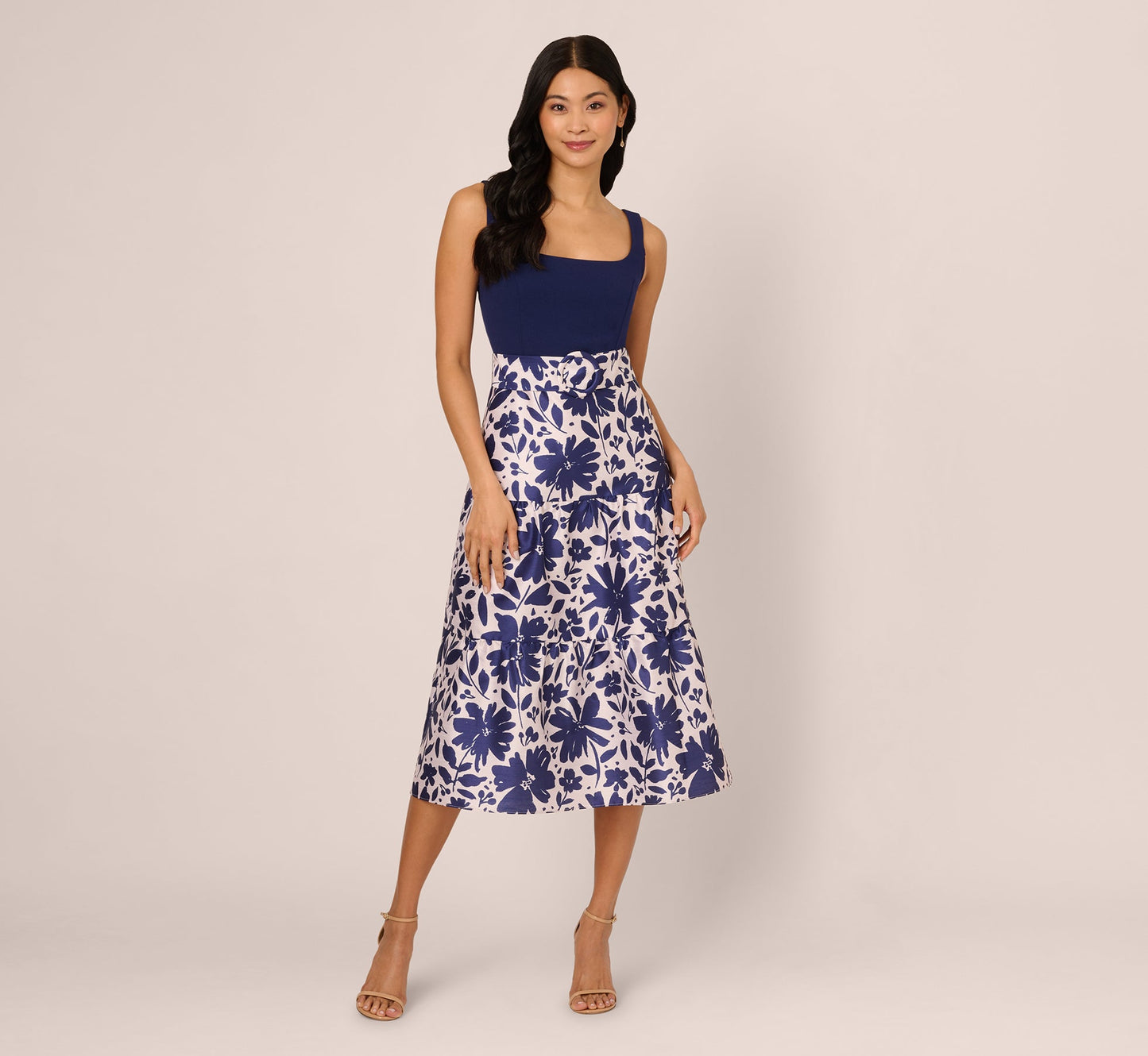 Sleeveless Floral Combo Flounce Dress In Navy Ivory