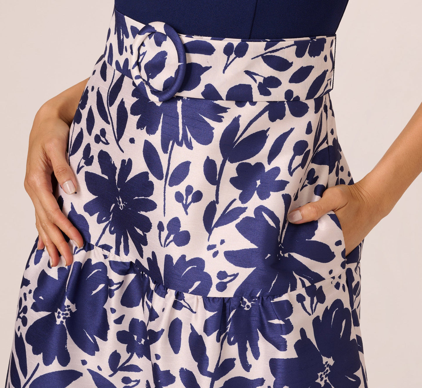 Sleeveless Floral Combo Flounce Dress In Navy Ivory
