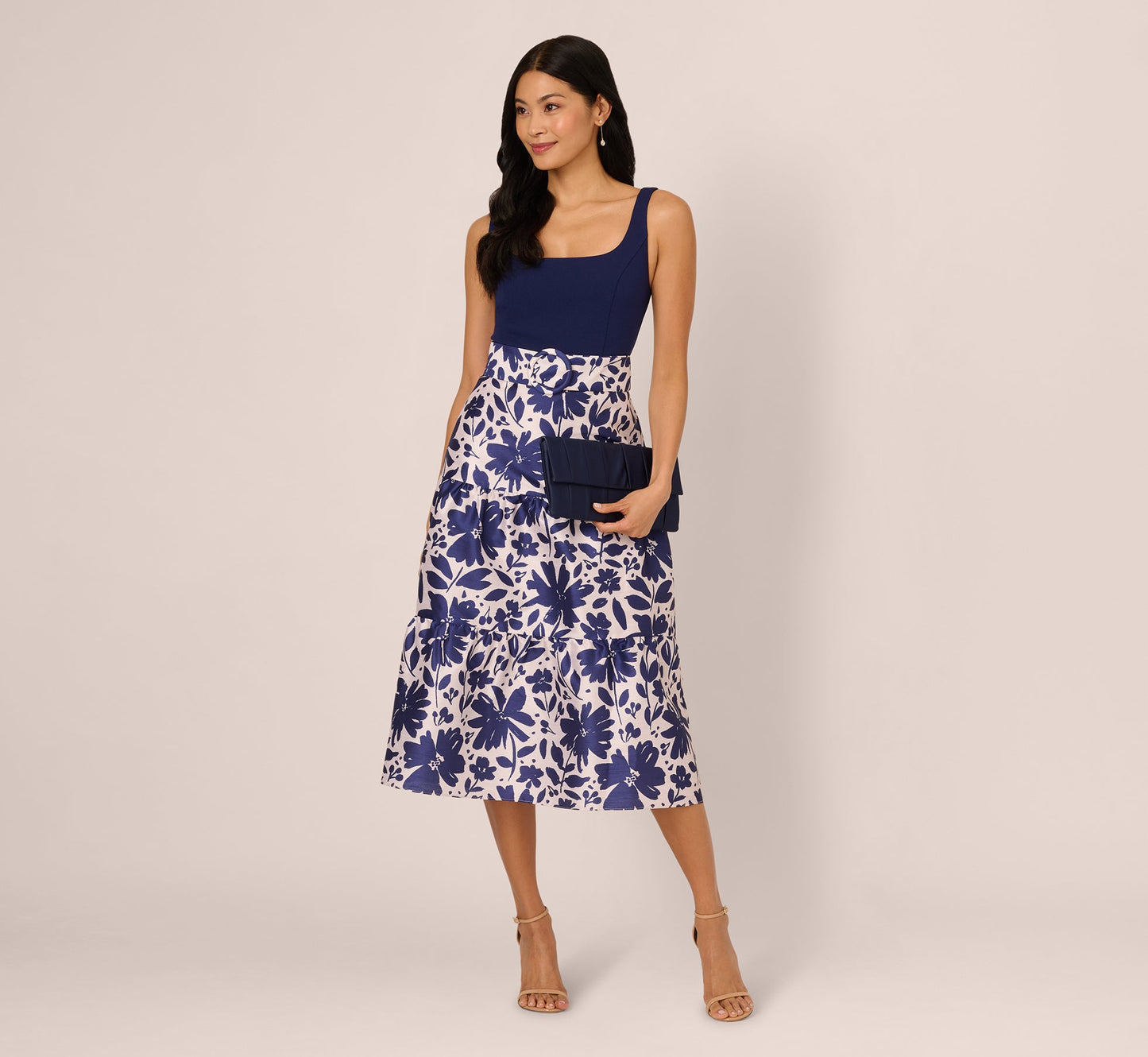 Sleeveless Floral Combo Flounce Dress In Navy Ivory