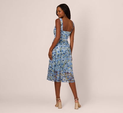 Sleeveless Square Neck Floral Embroidered Midi Dress In Blue Multi