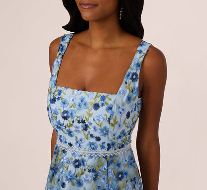 Sleeveless Square Neck Floral Embroidered Midi Dress In Blue Multi