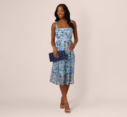 Sleeveless Square Neck Floral Embroidered Midi Dress In Blue Multi