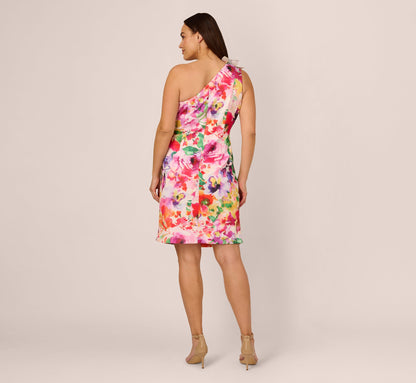 Plus Size One Shoulder Rosette Floral Sheath Dress In Pink Multi