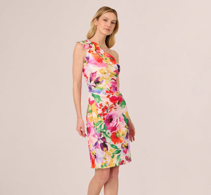 One Shoulder Rosette Floral Sheath Dress In Pink Multi