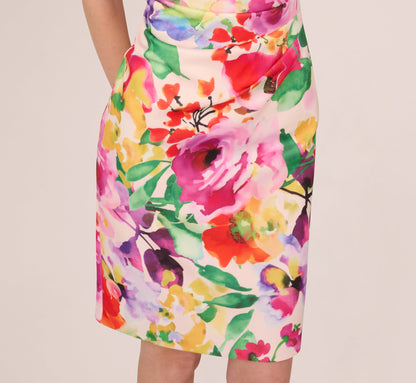 One Shoulder Rosette Floral Sheath Dress In Pink Multi