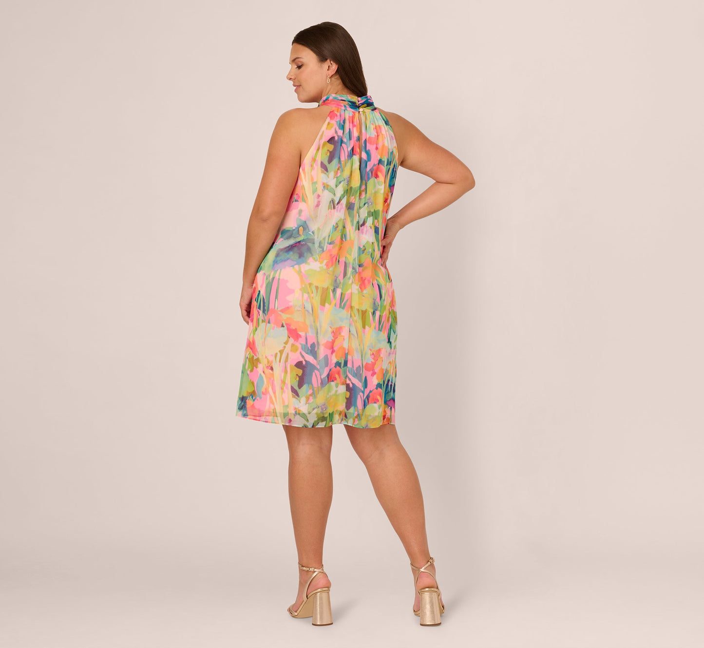 Plus Size Floral Ruffle Chiffon Halter Trapeze Dress In Pink Multi