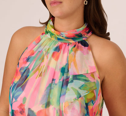 Plus Size Floral Ruffle Chiffon Halter Trapeze Dress In Pink Multi