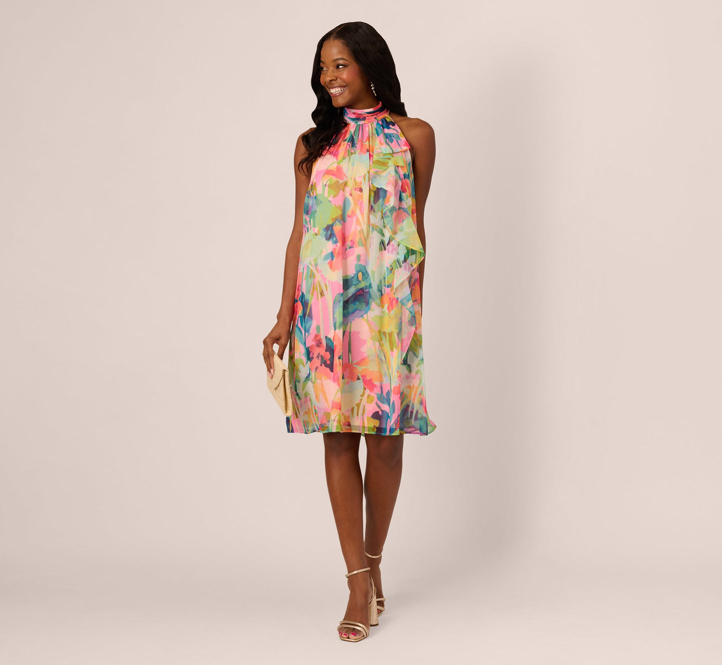 Floral Ruffle Chiffon Halter Trapeze Dress In Pink Multi