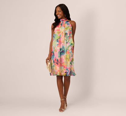 Floral Ruffle Chiffon Halter Trapeze Dress In Pink Multi