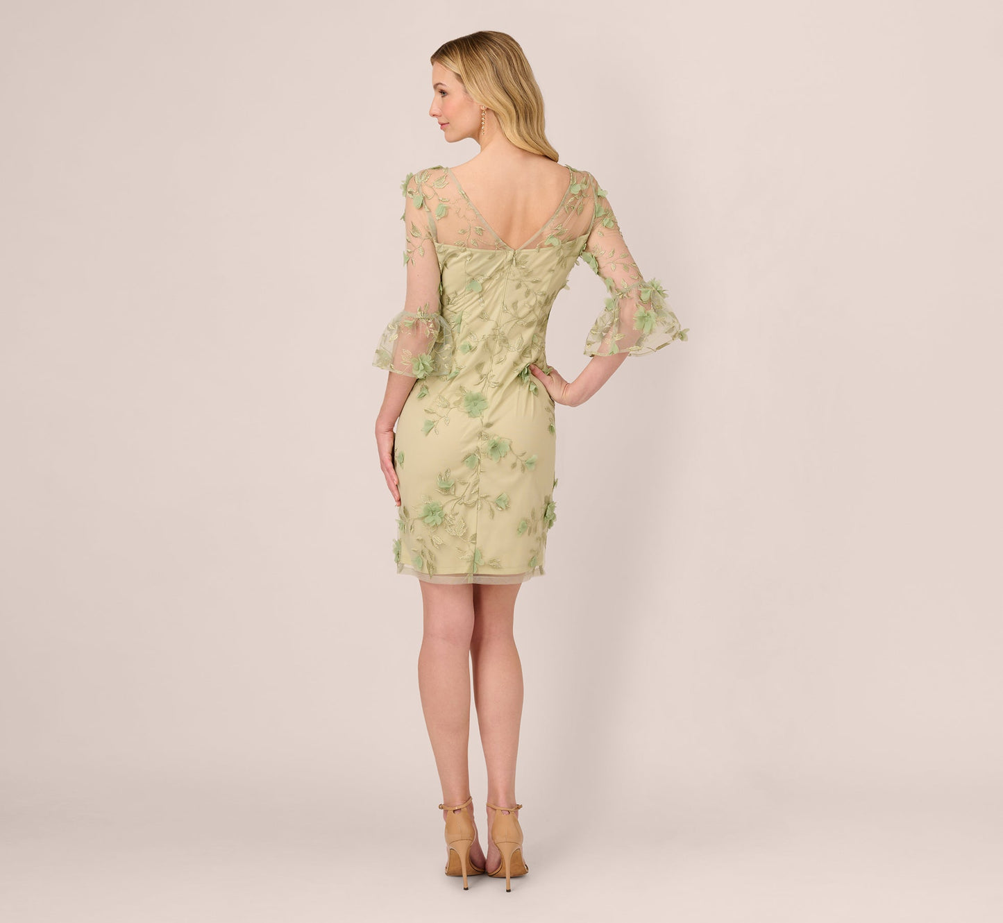 Bell Sleeve Floral Embroidered Illusion Sheath Dress In Sage Multi