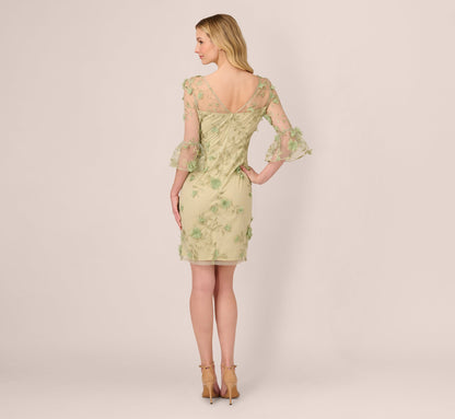 Bell Sleeve Floral Embroidered Illusion Sheath Dress In Sage Multi