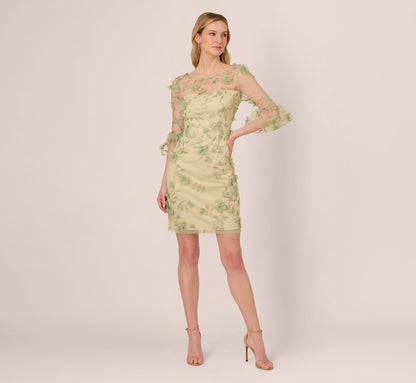 Bell Sleeve Floral Embroidered Illusion Sheath Dress In Sage Multi