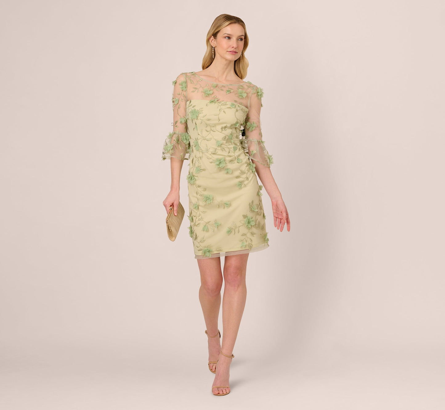 Bell Sleeve Floral Embroidered Illusion Sheath Dress In Sage Multi