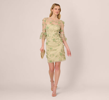 Bell Sleeve Floral Embroidered Illusion Sheath Dress In Sage Multi