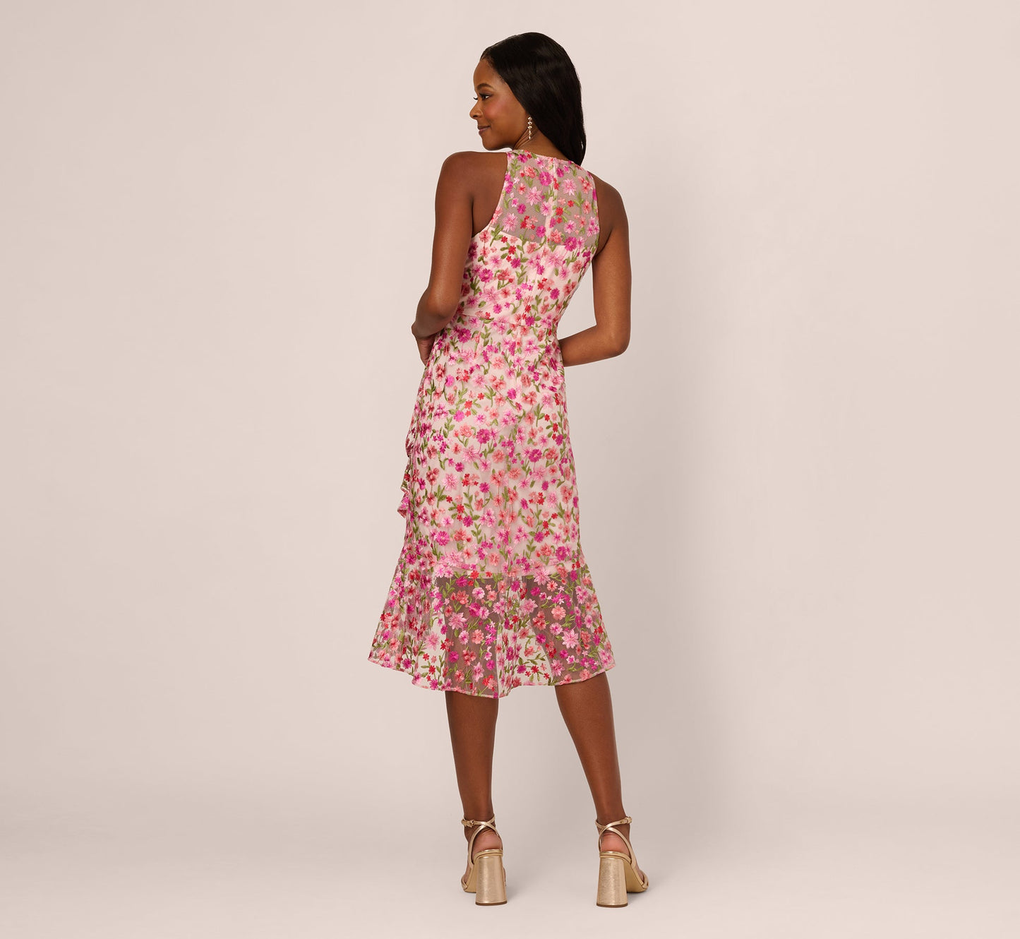 Floral Embroidered Flounce Halter Dress In Pink Multi