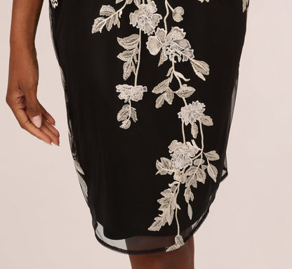 Sleeveless Illusion Floral Embroidery Sheath Dress In Black Ivory