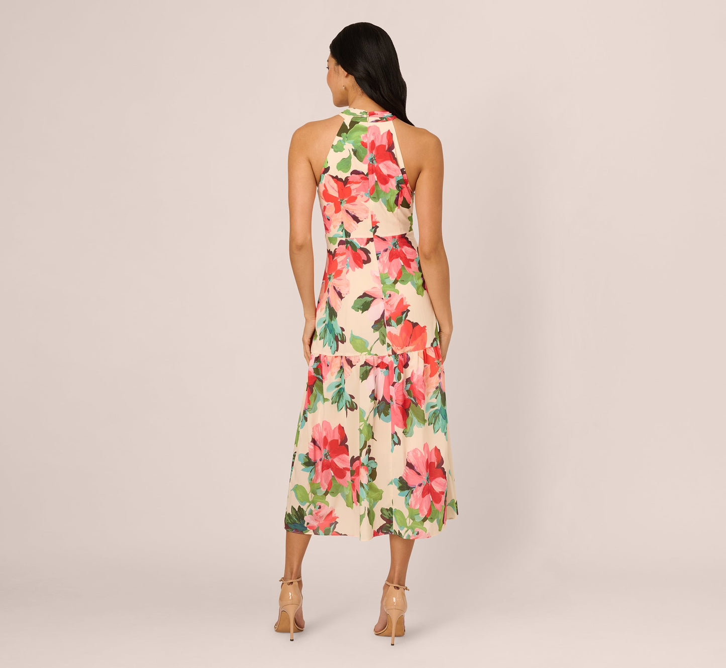 Floral Keyhole Halter Flounce Dress In Blush Multi