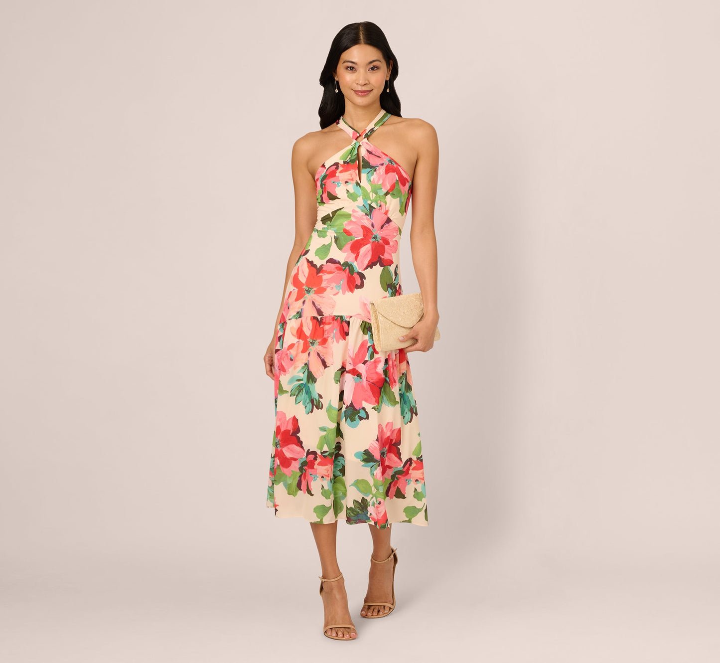 Floral Keyhole Halter Flounce Dress In Blush Multi