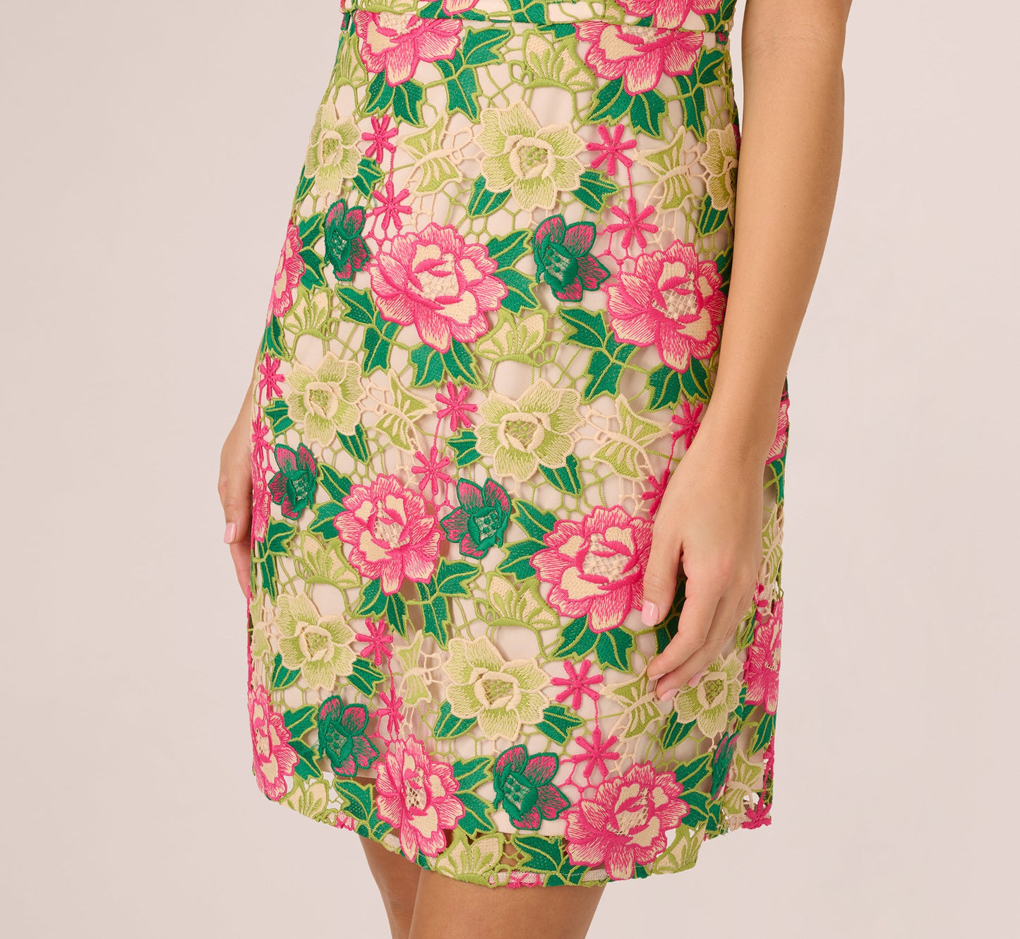 Sleeveless Floral Embroidery Short Sheath Dress In Pink Green Multi