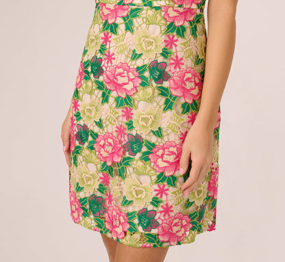 Sleeveless Floral Embroidery Short Sheath Dress In Pink Green Multi