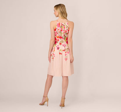 Floral Fit And Flare Halter Midi Dress In Champagne Multi