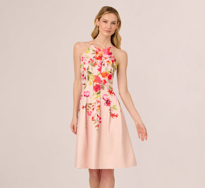 Floral Fit And Flare Halter Midi Dress In Champagne Multi