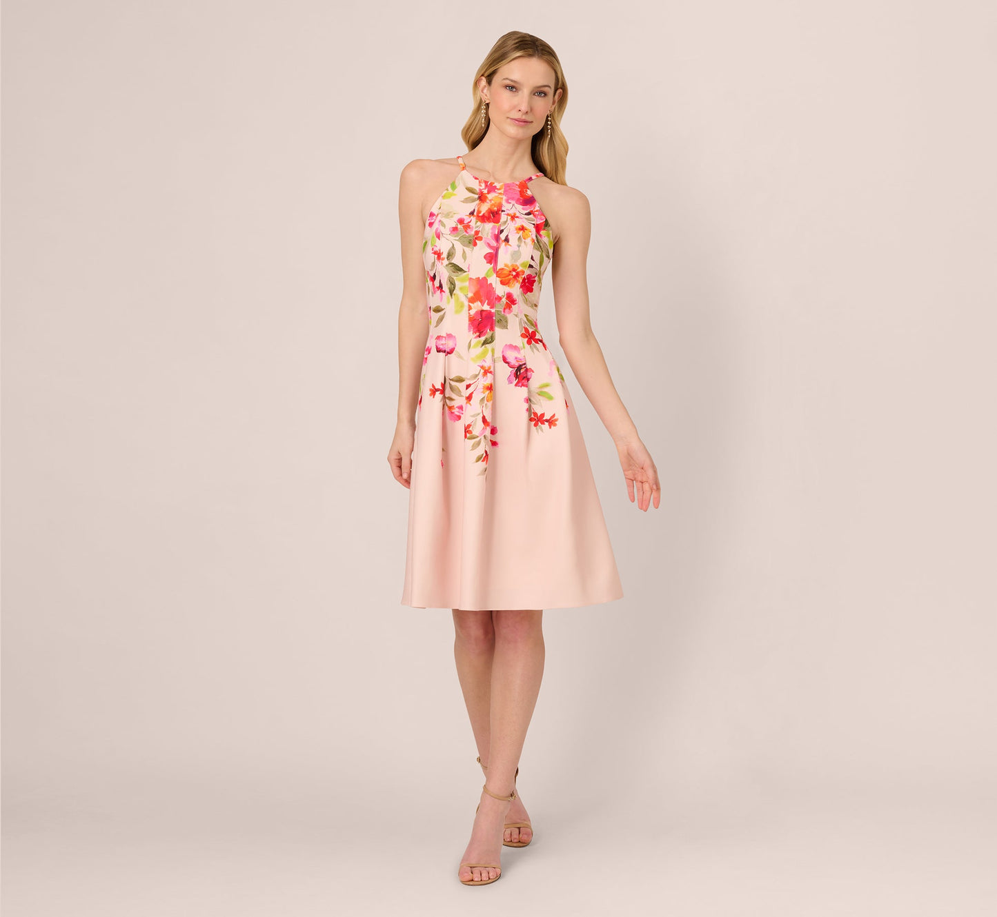 Floral Fit And Flare Halter Midi Dress In Champagne Multi