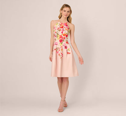 Floral Fit And Flare Halter Midi Dress In Champagne Multi