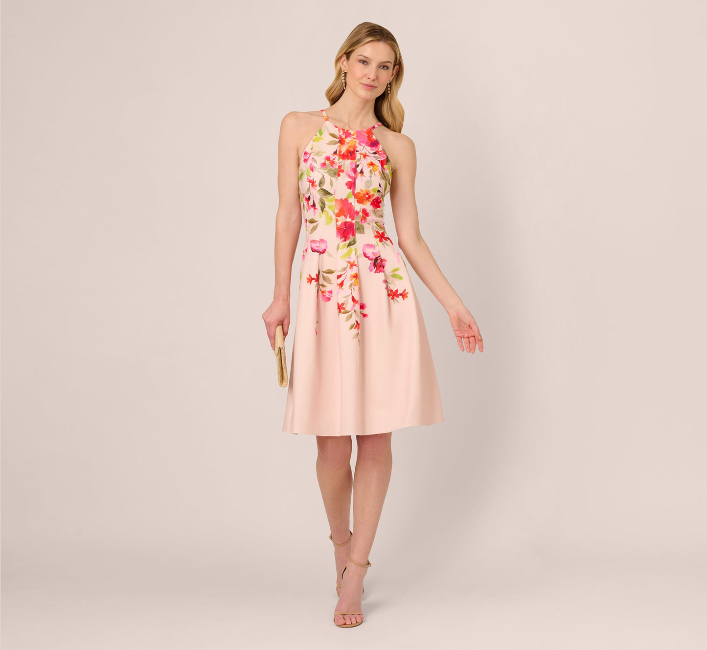 Floral Fit And Flare Halter Midi Dress In Champagne Multi
