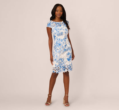 Cap Sleeve Printed Lace Sheath Dress In Ivory Blue