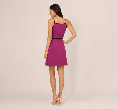 Sleeveless Contrast Tipped Short Crepe Dress In Plum Berry