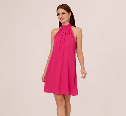 Chiffon Halter Trapeze Dress In Hot Pink