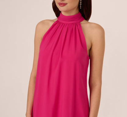 Chiffon Halter Trapeze Dress In Hot Pink