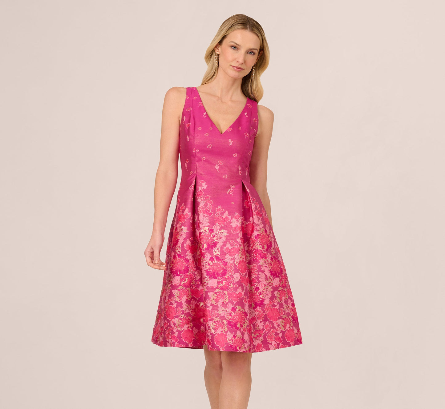 V Neck Floral Hem Jacquard Midi Dress In Pink Multi