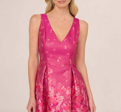 V Neck Floral Hem Jacquard Midi Dress In Pink Multi